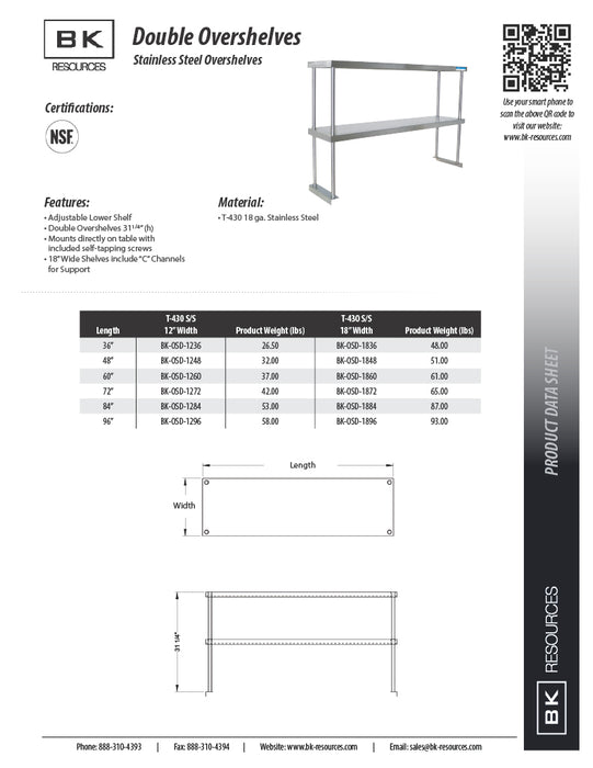 BK Resources 12" x 96" Double Overshelf – Table Mount with Adjustable Lower Shelf • 18 Gauge T-430 Stainless Steel - Donut-Equipment.com