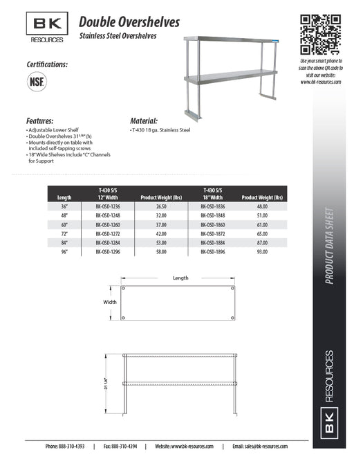 BK Resources 12" x 72" Double Overshelf – Table Mount with Adjustable Lower Shelf • 18 Gauge T-430 Stainless Steel - Donut-Equipment.com