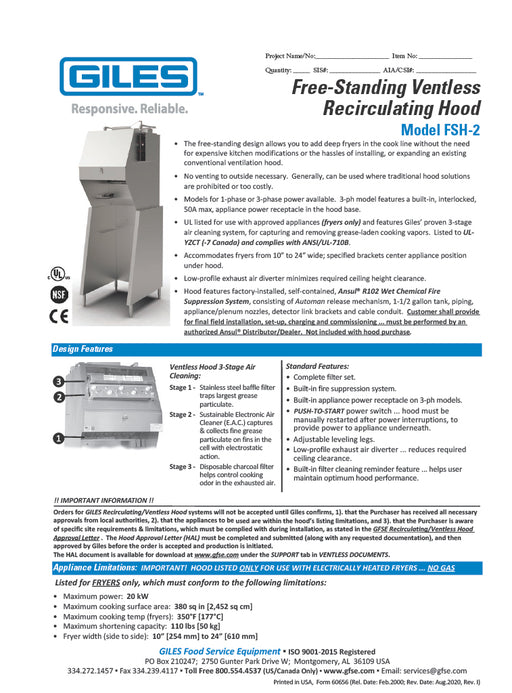Giles FSH-2 Freestanding Ventless Recirculating Hood System with E-Size Fryer Centering Bracket for Electric Fryers, 3-Stage Filtration, 208-240V/60Hz/3PH, Application Power Receptacle - Donut-Equipment.com