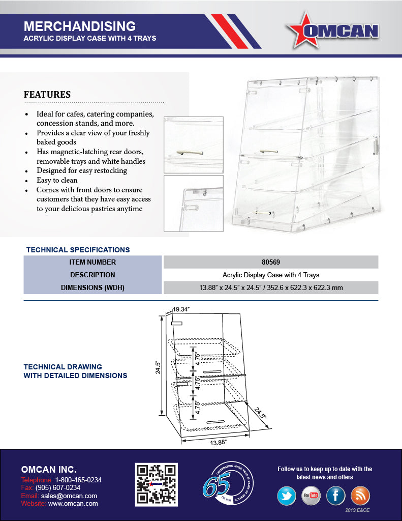 Omcan Acrylic Display Case with 4 Trays – Clear Countertop Bakery & Pastry Display Case