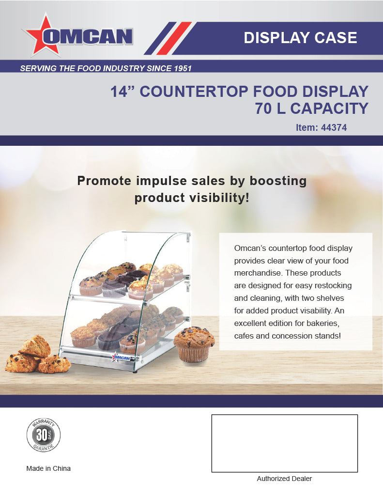 Omcan 14" Countertop Food Display Case with Curved Front Glass – 70L Capacity Bakery & Pastry Merchandiser Display Case