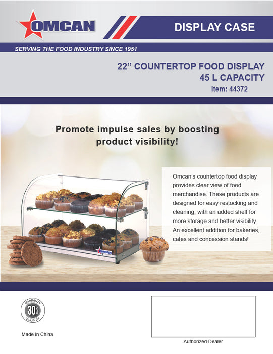 Omcan 22" Countertop Food Display Case with Curved Front Glass – 25L Capacity Bakery & Pastry Merchandiser Display Case