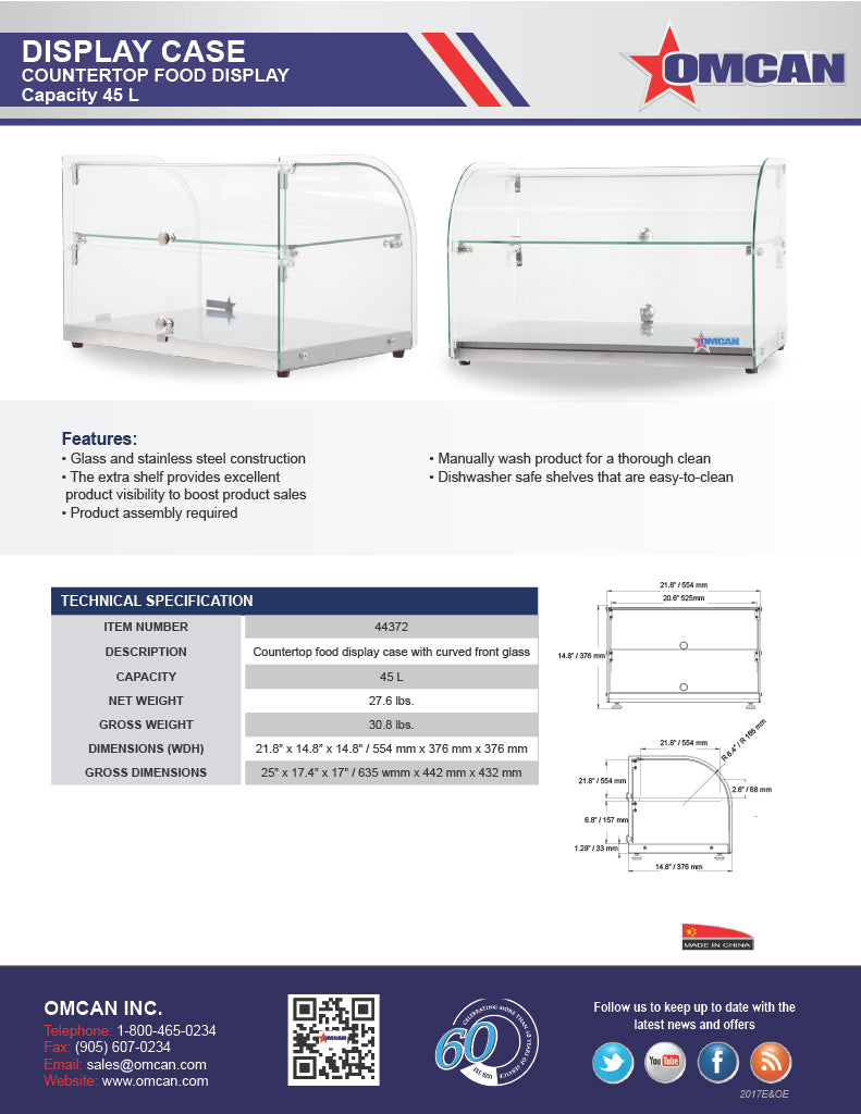 Omcan 22" Countertop Food Display Case with Curved Front Glass – 25L Capacity Bakery & Pastry Merchandiser Display Case