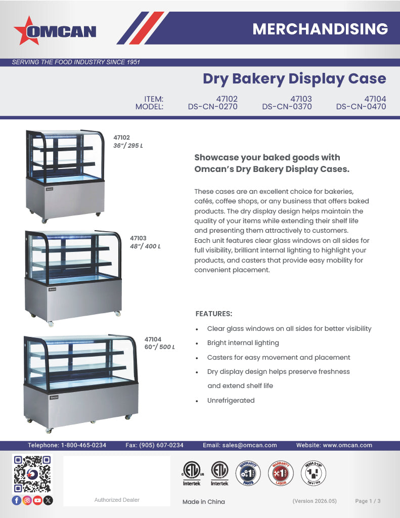 Omcan 60" Dry Bakery & Pastry Merchandiser Display Case with 2 Shelves with Curved Front Glass and Rear Sliding Doors With LED Lighting  – 18 Cu. Ft. (500L)