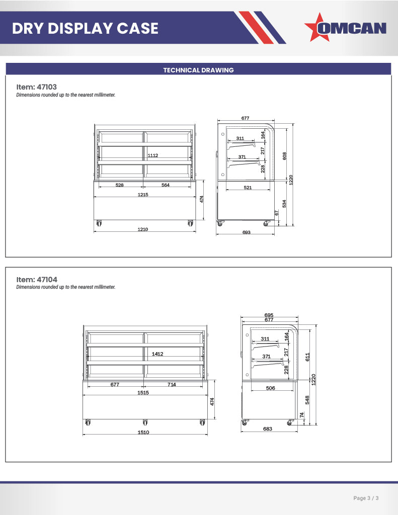 Omcan 60" Dry Bakery & Pastry Merchandiser Display Case with 2 Shelves with Curved Front Glass and Rear Sliding Doors With LED Lighting  – 18 Cu. Ft. (500L)