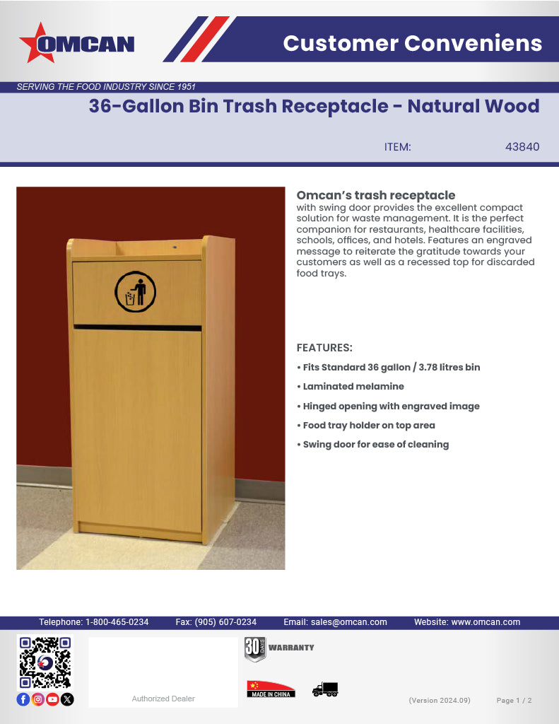 Omcan Trash Receptacle for 36 Gallon Bin – Natural Wood Commercial Waste Bin Enclosure, Durable Foodservice Use - Donut-Equipment.com