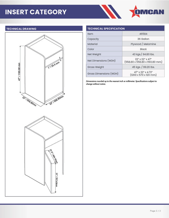 Omcan Trash Receptacle for 36-Gallon Bin – Black Commercial Waste Bin Enclosure, Durable Foodservice Use