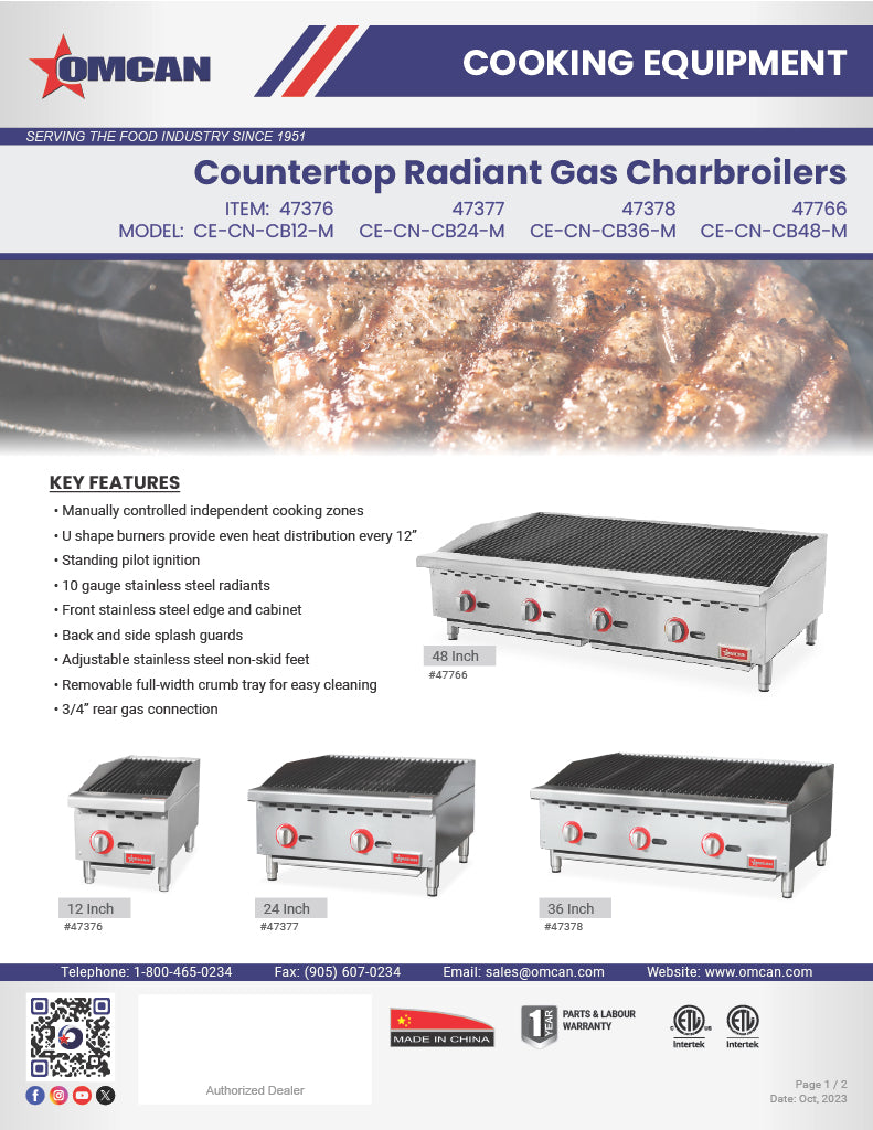Omcan 36" Radiant Gas Charbroiler – 105,000 BTU Commercial Countertop Charbroiler with 3 Burners and Heavy-Duty Cast Iron Grates