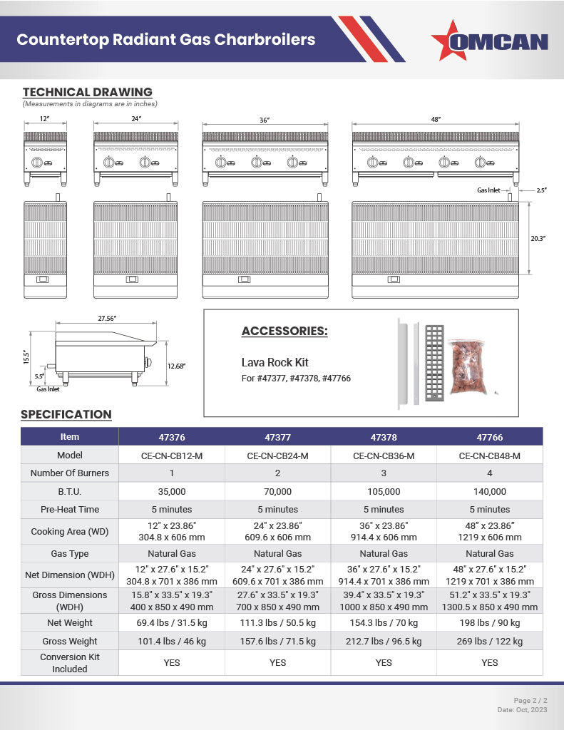 Omcan 12" Radiant Gas Charbroiler – 35,000 BTU Commercial Countertop Charbroiler with 1 Burner and Heavy-Duty Cast Iron Grates
