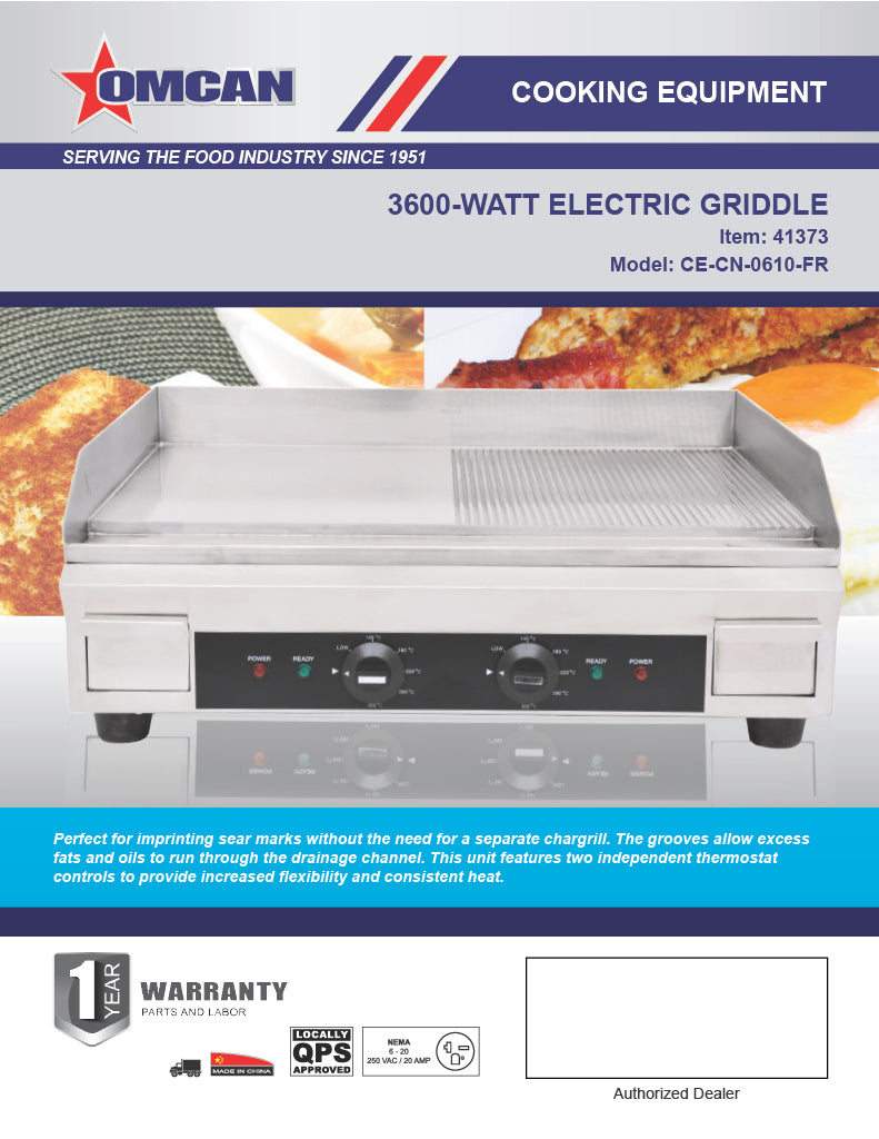 Omcan Stainless Steel Electric Griddle with Half-Smooth & Half-Ribbed Surface – 23.87" x 16" Commercial Countertop Griddle for Restaurants, Cafés & Foodservice Kitchens