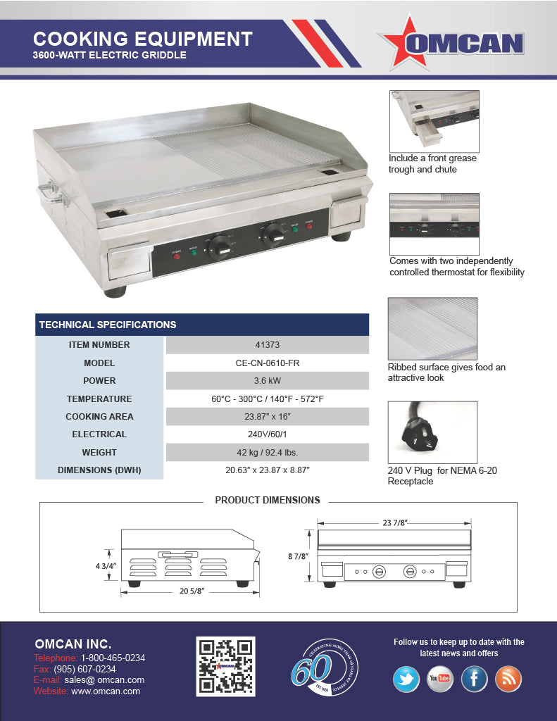 Omcan Stainless Steel Electric Griddle with Half-Smooth & Half-Ribbed Surface – 23.87" x 16" Commercial Countertop Griddle for Restaurants, Cafés & Foodservice Kitchens