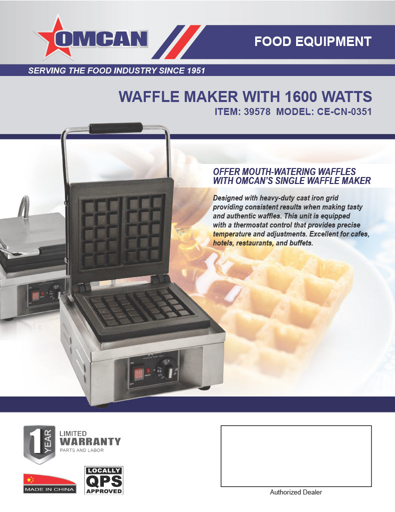 Omcan 1.6 kW Waffle Maker – Commercial Countertop Electric Waffle Iron for Restaurants, Cafés & Foodservice Kitchens