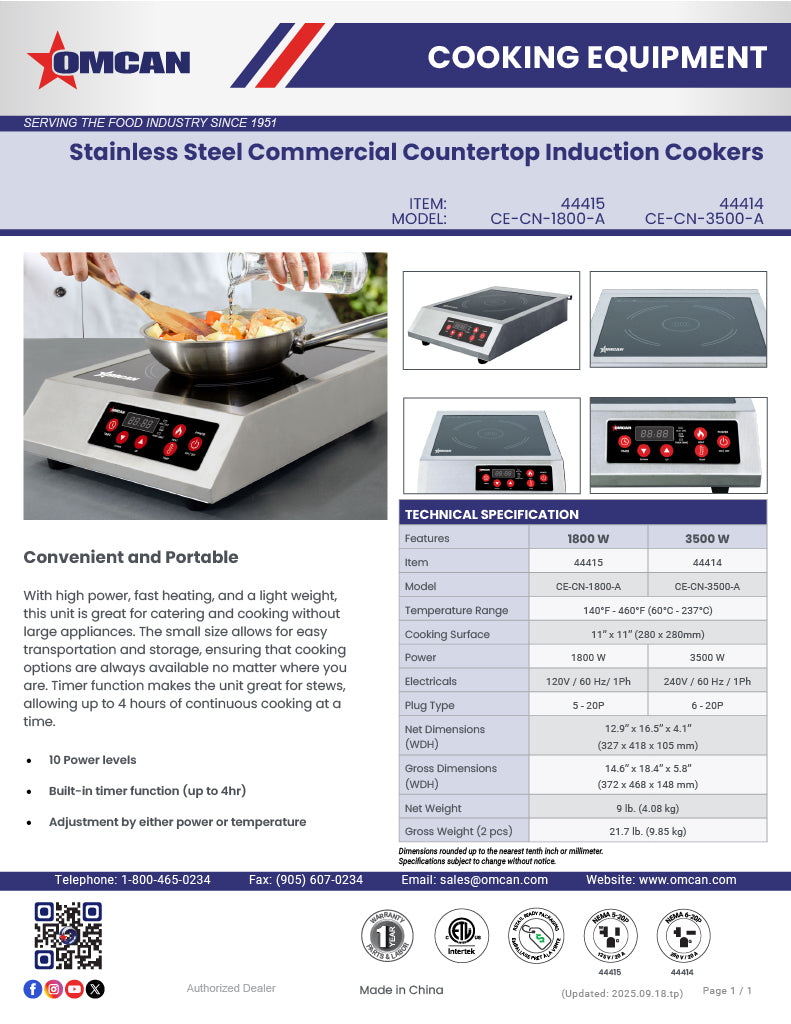 Omcan 3.5 kW Stainless Steel Commercial Countertop Induction Cooker – High-Power Electric Induction Cooktop for Restaurants, Catering & Foodservice Kitchens - Donut-Equipment.com