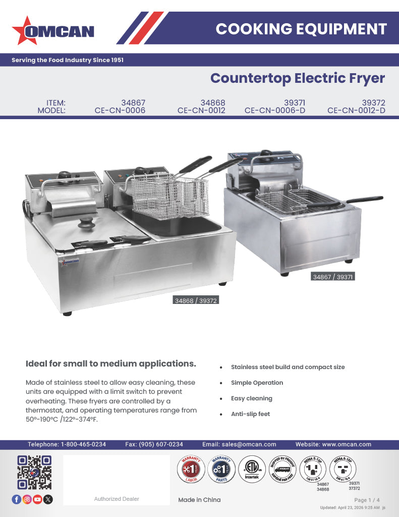 Omcan 12 lb x 2 Double Tank Countertop Electric Fryer – 5000W, 220V Commercial Dual Tank Deep Fryer for Restaurants, Concession Stands & Foodservice Kitchens