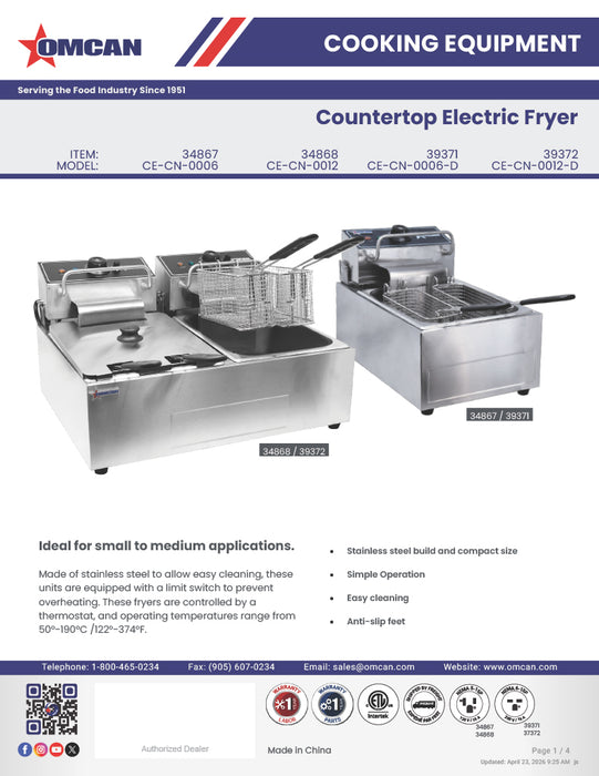 Omcan 12 lb x 2 Double Tank Countertop Electric Fryer – 5000W, 220V Commercial Dual Tank Deep Fryer for Restaurants, Concession Stands & Foodservice Kitchens