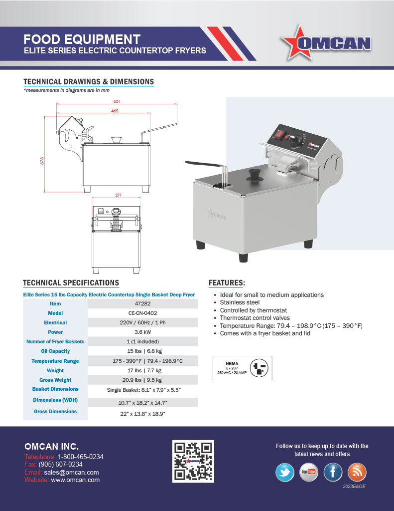 Omcan 15 lb Capacity Elite Series Electric Countertop Single Basket Deep Fryer – 3600W, 240V Commercial Deep Fryer for Restaurants, Concession Stands & Foodservice Kitchens