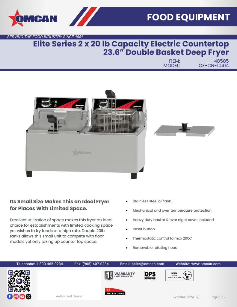 Omcan 2 x 20 lb Capacity Elite Series Electric Countertop Double Basket Deep Fryer – 23.6" Commercial Dual Tank Fryer for Restaurants, Concession Stands & Foodservice Kitchens