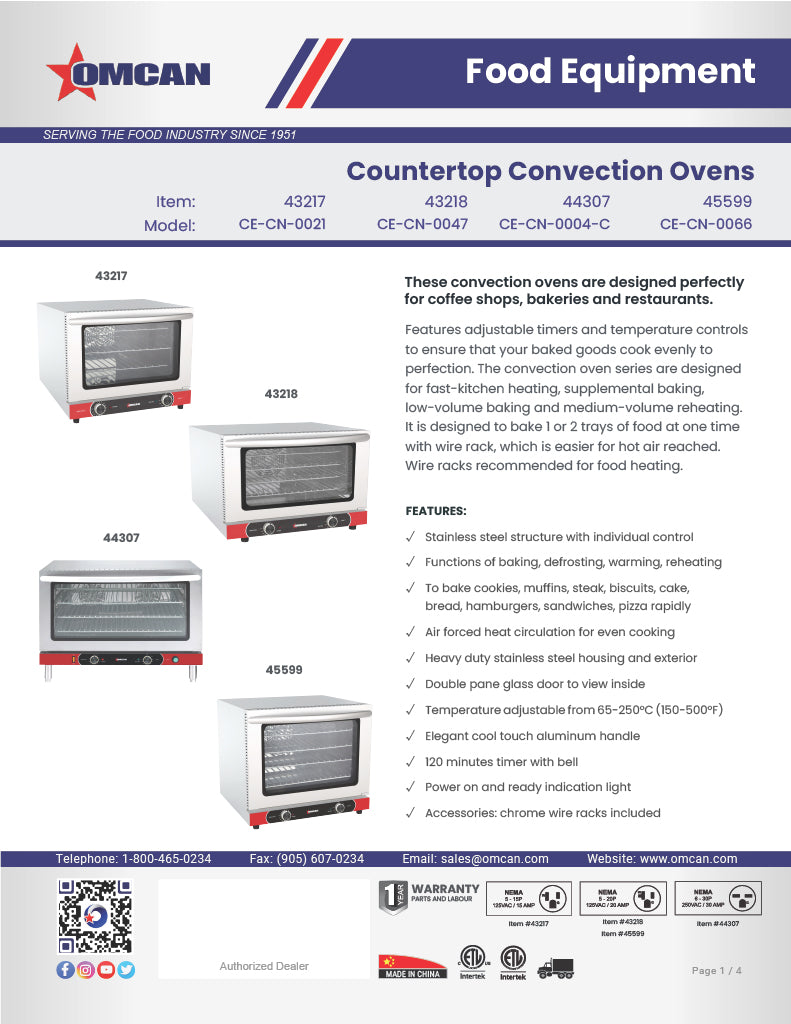 Omcan Full-Size Countertop Convection Oven – 3.53 Cu. Ft. (100L), 4600W, 220V Commercial Baking Oven for Restaurants, Bakeries & Foodservice Kitchens