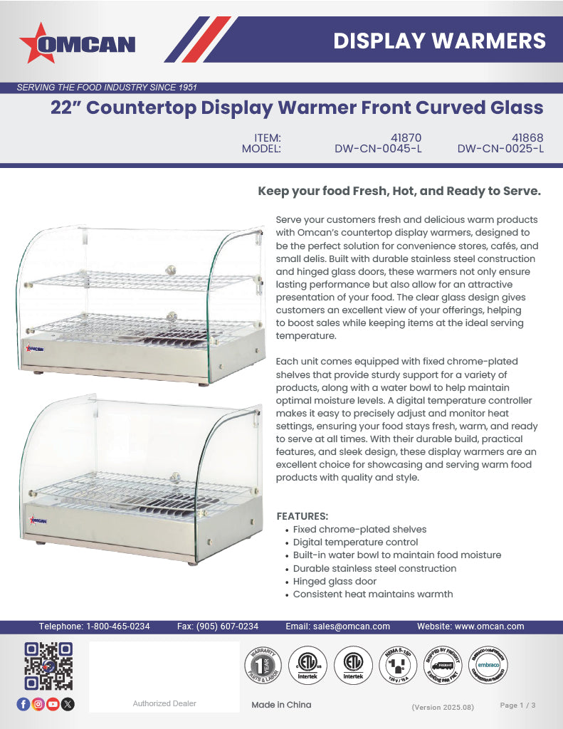 Omcan 22″ Countertop Display Warmer with Curved Glass Front – 1.59 Cu. Ft. (45L), 2-Shelf Full-Service Heated Merchandiser Display Case with Dual Rear Hinged Doors