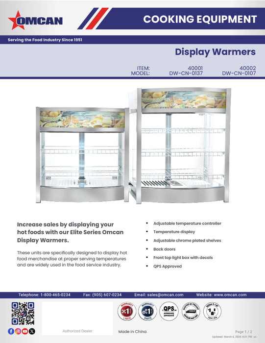 Omcan 26″ Countertop Display Warmer – 4.8 Cu. Ft. (137L), 3-Shelf Full-Service Heated Merchandiser Display Case with Rear Access Doors