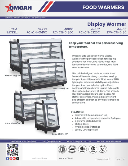 Omcan 35″ Countertop Display Warmer – 4.8 Cu. Ft. (136L), 3-Shelf Self-Service & Full-Service Heated Merchandiser Display Case with Sliding Doors