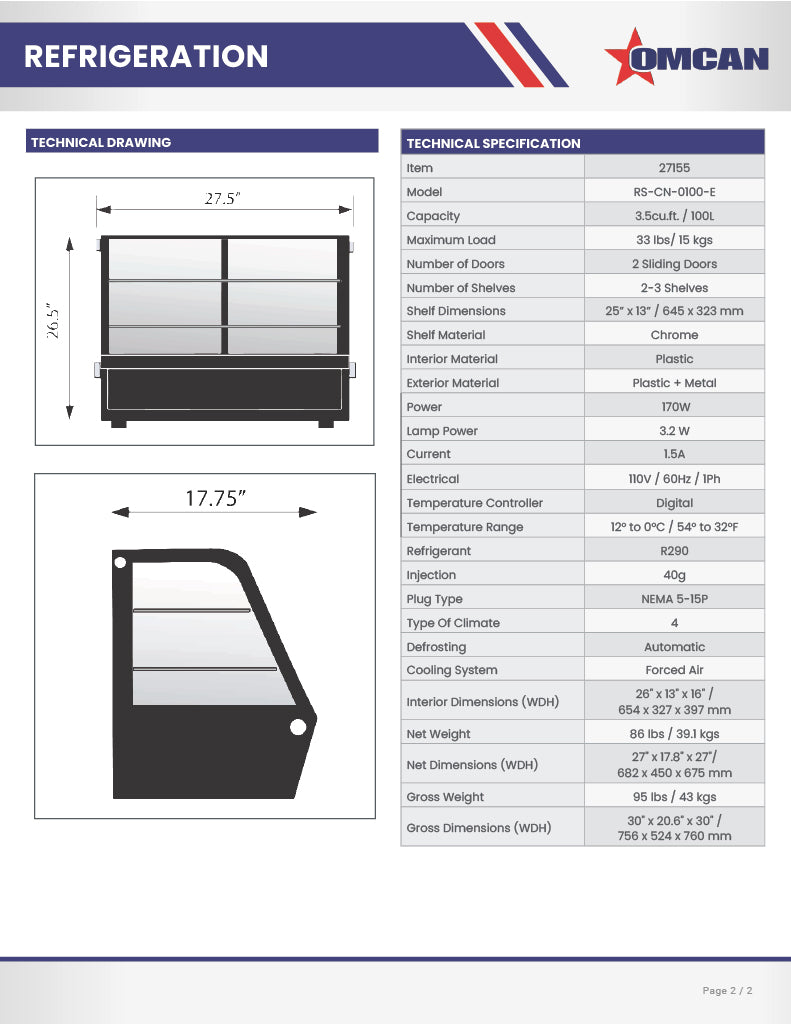 Omcan 27″ Countertop Refrigerated Display Case – 3.5 Cu. Ft. (100L), Two-Shelf Black Bakery & Merchandising Display Cooler