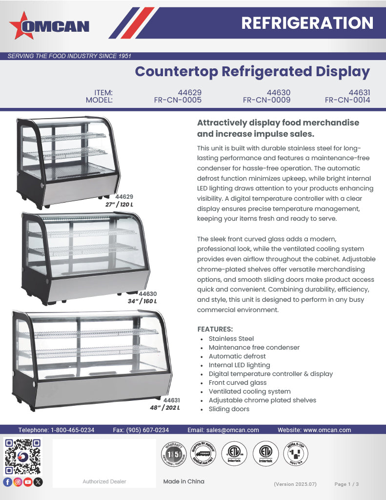 Omcan 48″ Countertop Refrigerated Display Case – 7.13 Cu. Ft. (202L), Two-Shelf Stainless Steel Bakery & Merchandising Display Cooler