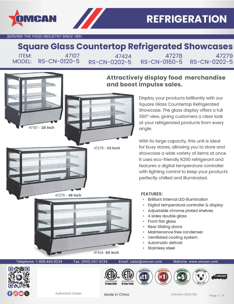 Omcan 48″ Square Glass Countertop Refrigerated Display Showcase – 7.13 Cu. Ft. (202L), Two-Shelf Stainless Steel Bakery & Merchandising Display Cooler