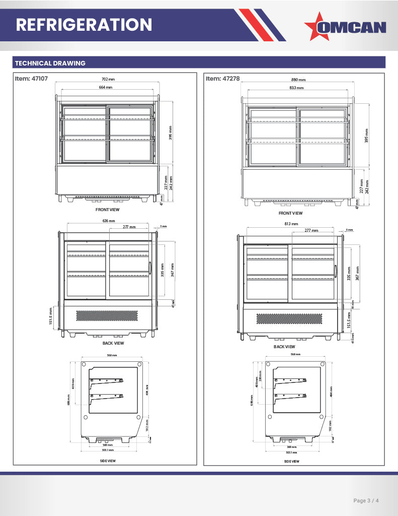 Omcan 48″ Square Glass Countertop Refrigerated Display Showcase – 7.13 Cu. Ft. (202L), Two-Shelf Stainless Steel Bakery & Merchandising Display Cooler