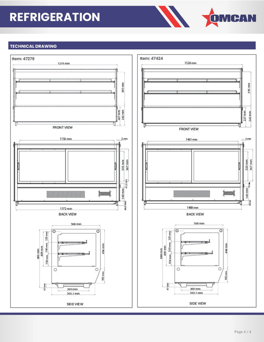 Omcan 60″ Square Glass Countertop Refrigerated Display Showcase – 8.89 Cu. Ft. (252L), Two-Shelf Stainless Steel Bakery & Merchandising Display Cooler