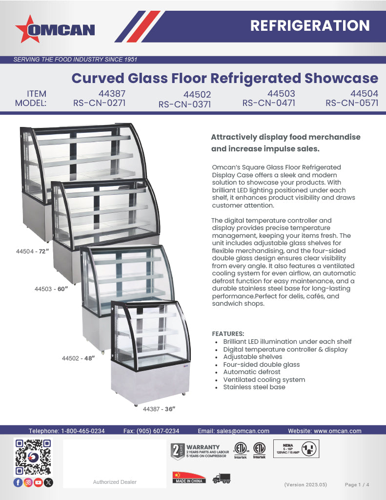 Omcan 36″ Curved Glass Floor Refrigerated Display Showcase – 10.95 Cu. Ft. (310L), Three-Shelf Stainless Steel Bakery & Merchandising Display Cooler