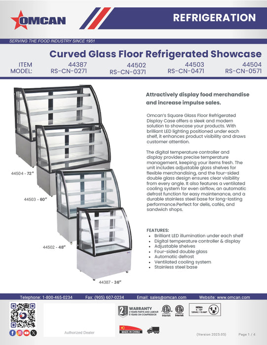Omcan 60″ Curved Glass Floor Refrigerated Display Case – 18.89 Cu. Ft. (535L), Three-Shelf Stainless Steel Bakery & Merchandising Display Cooler