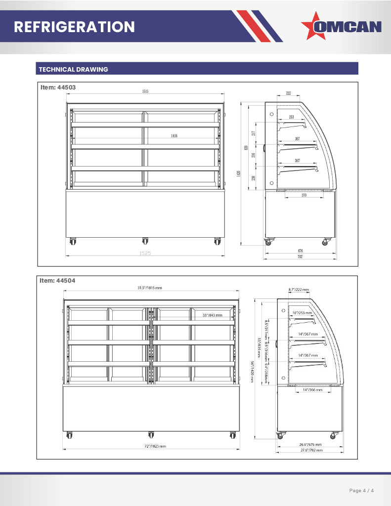 Omcan 72″ Curved Glass Floor Refrigerated Display Case – 22.95 Cu. Ft. (650L), Three-Shelf Stainless Steel Bakery & Merchandising Display Cooler