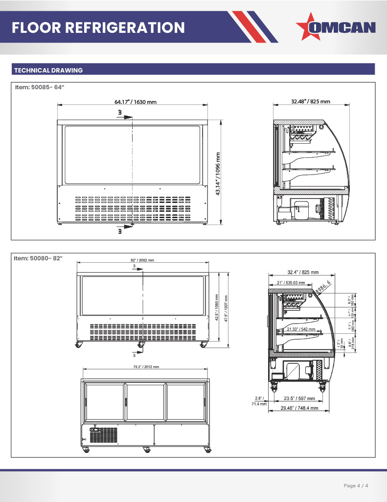 Omcan 82″ Floor Refrigerated Display Case – 32 Cu. Ft. (903L), Two-Shelf Stainless Steel Bakery & Merchandising Display Cooler