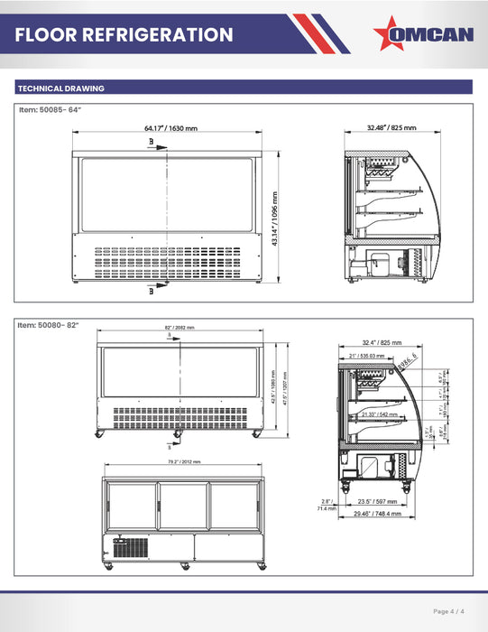 Omcan 82″ Floor Refrigerated Display Case – 32 Cu. Ft. (903L), Two-Shelf Stainless Steel Bakery & Merchandising Display Cooler