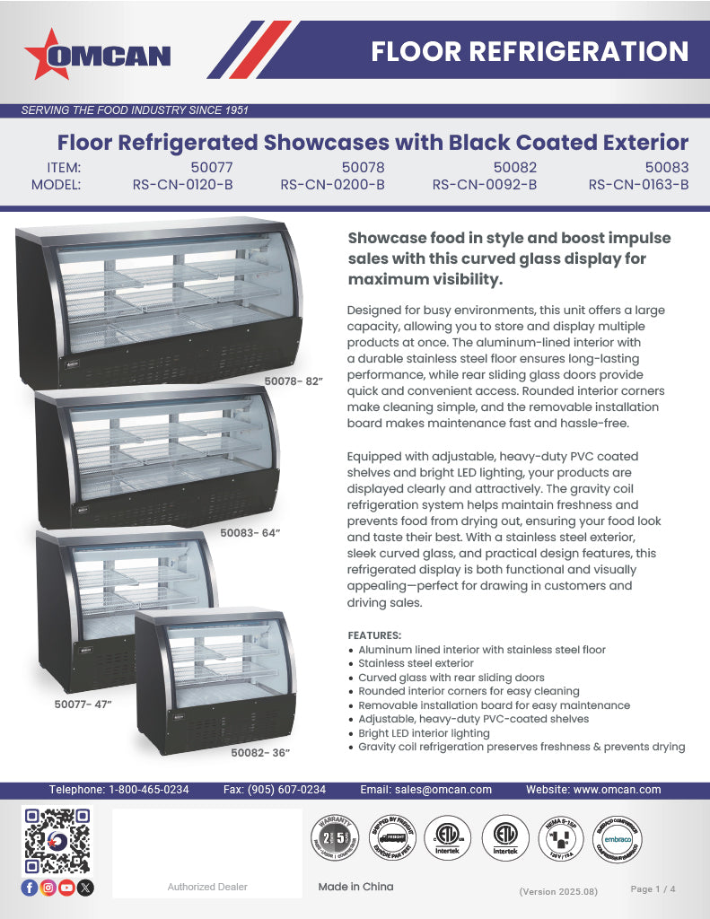 Omcan 82″ Floor Refrigerated Display Case – 32 Cu. Ft. (903L), Two-Shelf Black Bakery & Merchandising Display Cooler