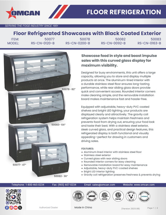 Omcan 82″ Floor Refrigerated Display Case – 32 Cu. Ft. (903L), Two-Shelf Black Bakery & Merchandising Display Cooler