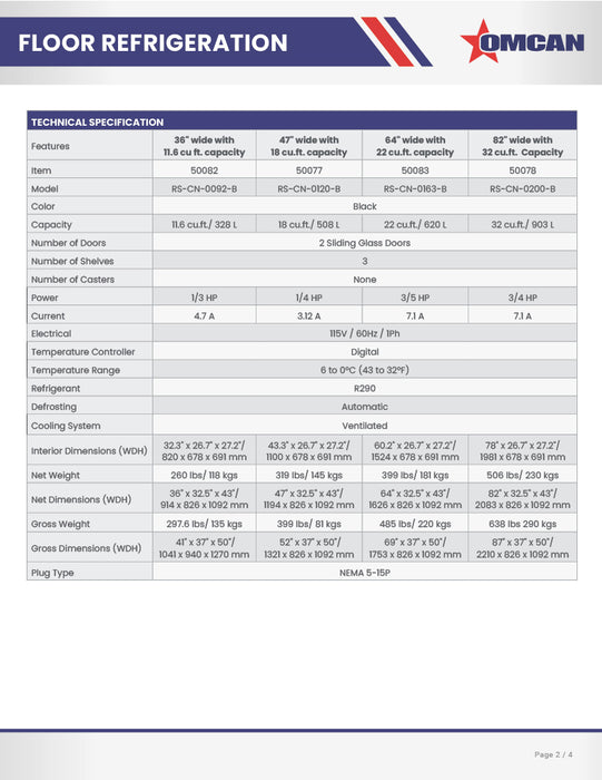 Omcan 47″ Floor Refrigerated Display Case – 18 Cu. Ft. (508L), Two-Shelf Black Bakery & Merchandising Display Cooler