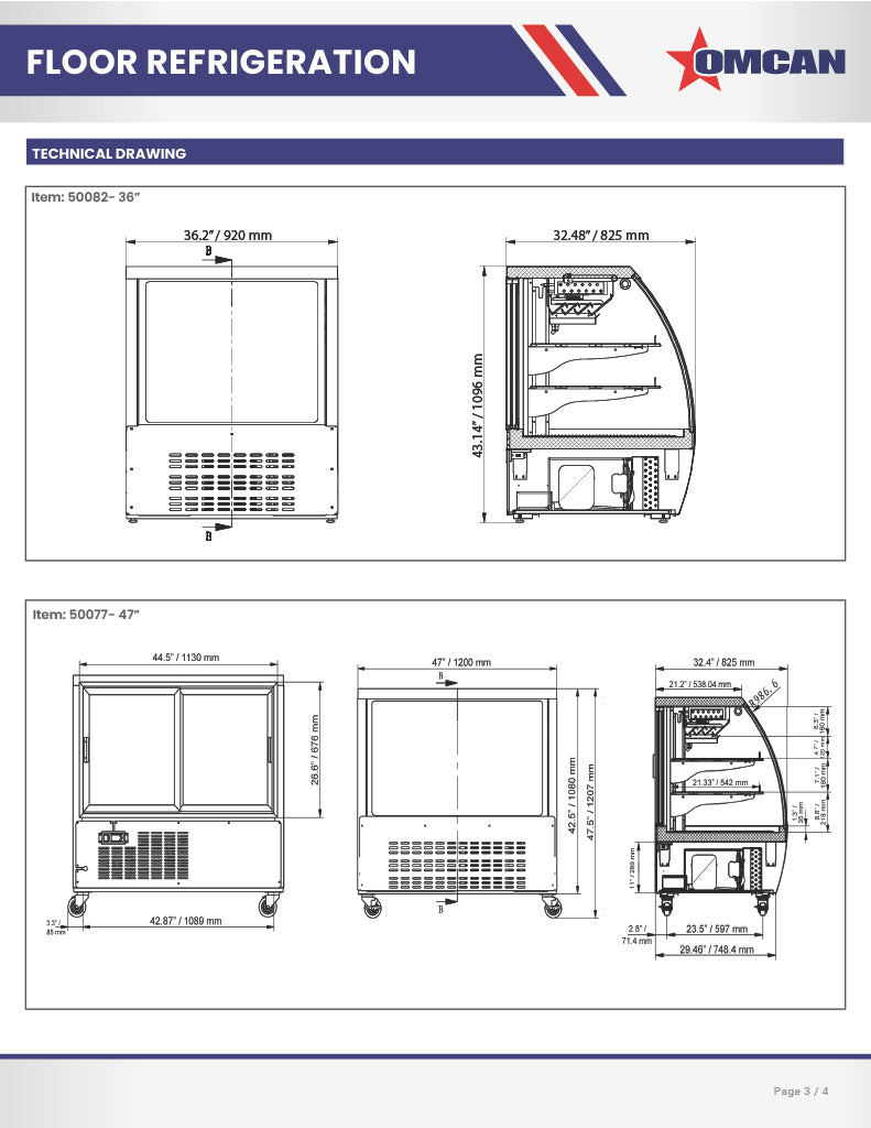 Omcan 36″ Floor Refrigerated Display Case – 11.6 Cu. Ft. (328L), Two-Shelf Black Bakery & Merchandising Display Cooler