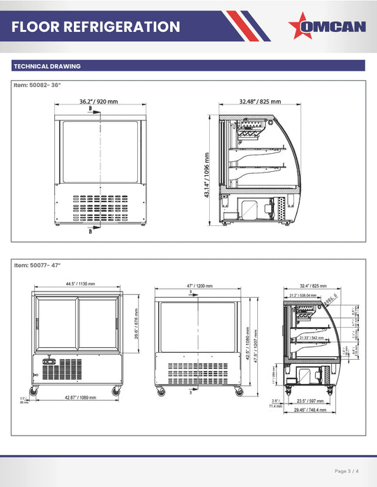 Omcan 36″ Floor Refrigerated Display Case – 11.6 Cu. Ft. (328L), Two-Shelf Black Bakery & Merchandising Display Cooler