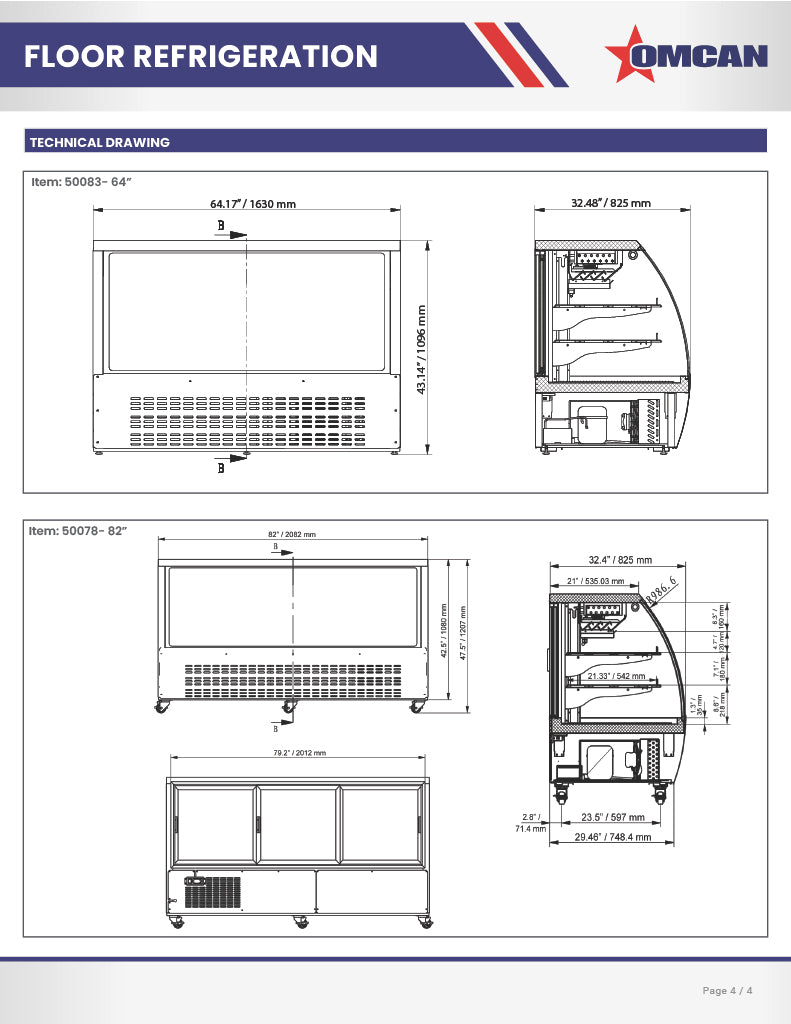 Omcan 82″ Floor Refrigerated Display Case – 32 Cu. Ft. (903L), Two-Shelf Black Bakery & Merchandising Display Cooler