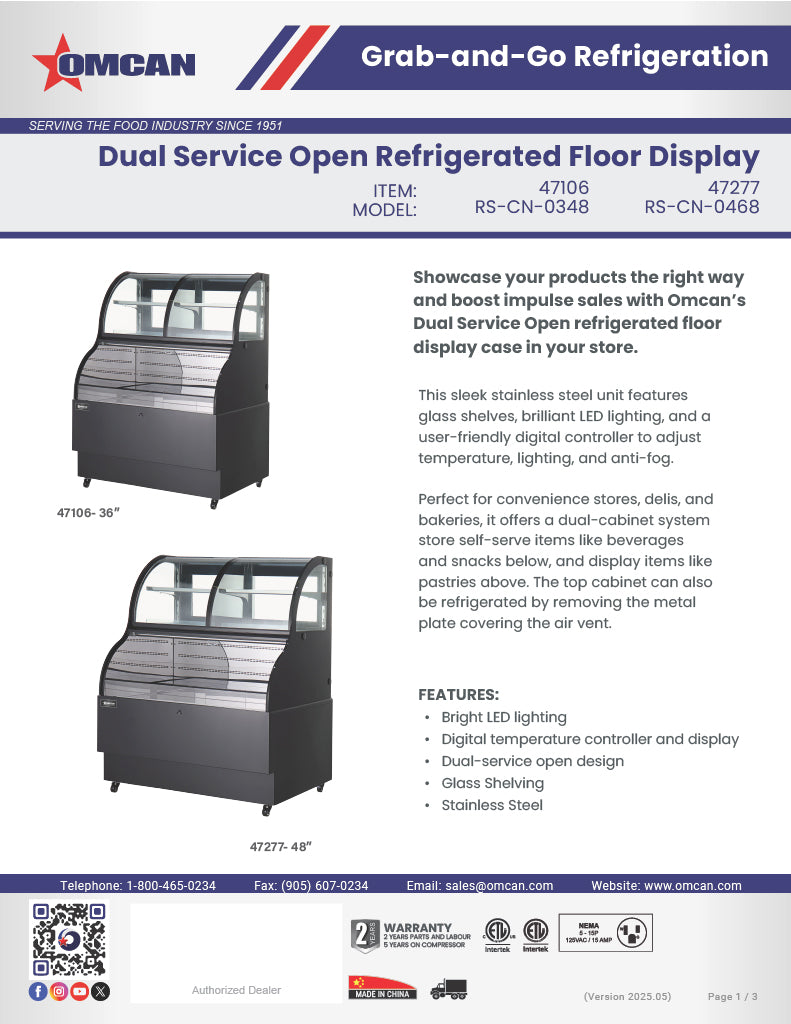 Omcan 36″ Open Refrigerated Floor Display Case – 12.5 Cu. Ft. (354L), One-Shelf Black Dual-Service Merchandising Display Cooler - Donut-Equipment.com