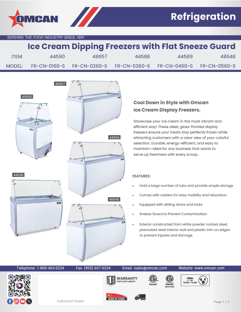 Omcan 60″ Ice Cream Dipping Freezer – 10+8 Tubs Capacity, Flat Sneeze Guard Ice Cream Merchandiser Freezer