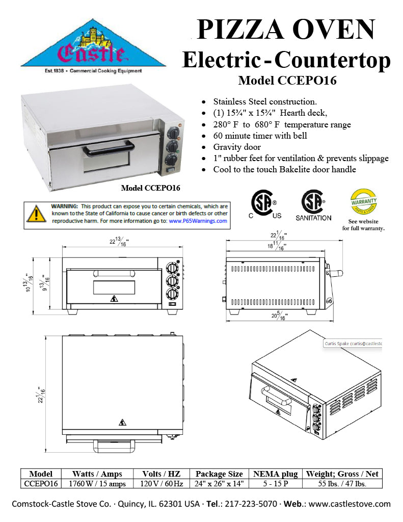 Comstock-Castle CCEPO16 23" Countertop Electric Deck/Pizza Oven, Single Deck, Stainless Steel, 120v - Donut-Equipment.com