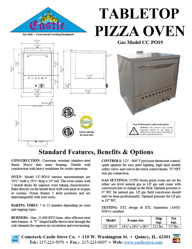 Comstock-Castle CC-PO19 24" Countertop Gas Deck/Pizza Oven, Double Deck, Stainless Steel - Donut-Equipment.com