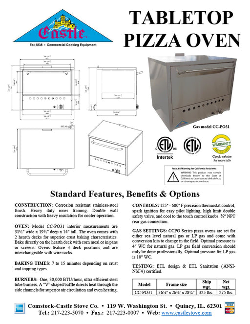 Comstock-Castle CC-PO31 36" Countertop Gas Deck/Pizza Oven, Double Deck, Stainless Steel - Donut-Equipment.com