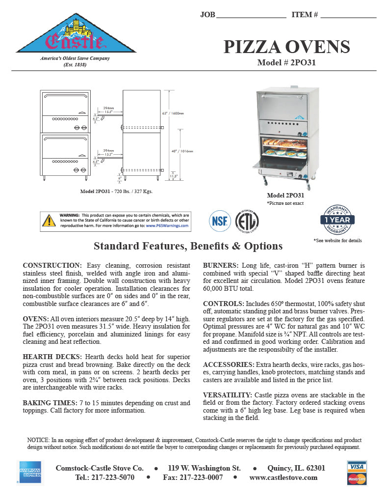 Comstock-Castle 2PO31 36" Gas Deck/Pizza Oven, 4 Deck, Stainless Steel - Donut-Equipment.com