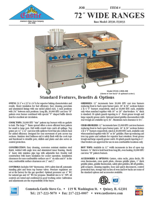 Comstock-Castle 2F330-24-2RB 72" Gas Restaurant Range, 4 Open Burners, 24" Griddle, 24" Radiant Broiler, 2 Standard Ovens, Stainless Steel Front, 246,000 BTU - Donut-Equipment.com
