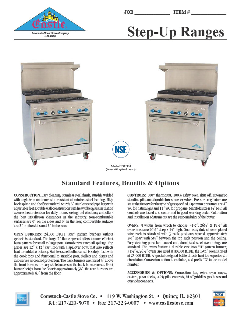 Comstock-Castle 2FSU330 72" Gas Step-Up Restaurant Range, 12 Step-Up Open Burners, 2 Standard Ovens, Stainless Steel Front, 358,000 BTU - Donut-Equipment.com