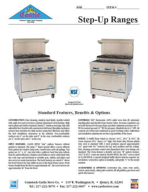 Comstock-Castle 2FSU330 72" Gas Step-Up Restaurant Range, 12 Step-Up Open Burners, 2 Standard Ovens, Stainless Steel Front, 358,000 BTU - Donut-Equipment.com